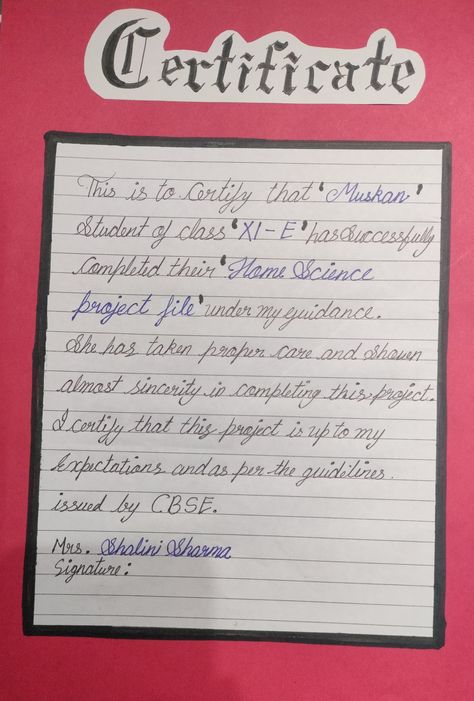 Project Completion Certificate, How To Write Certificate For Project, Certificate Page Design For Project File, Certificate For School Project, Certificate Page For Project, Certificate For Project File, Creative Certificate Design Ideas, Certificate Design For Project, Certificate Calligraphy