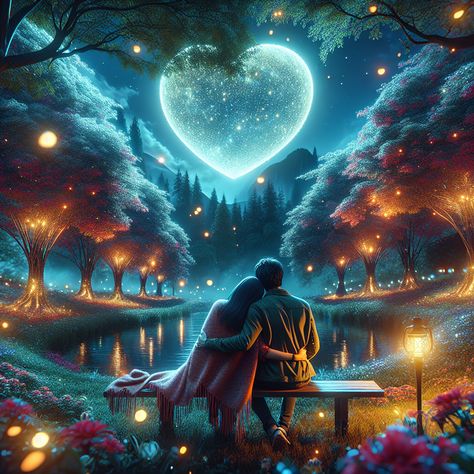 In this AI-generated image, a heart-shaped moon illuminates a couple on a park bench, enveloped by nature's beauty and the glitter of fireflies. Discover love - link in profile. 

#RomanticArt #AIGeneratedImage #LoveManifested #MoonlightRomance #ParkScene #LoveArtwork Wedding Art Illustration, Love Illustration Art, Beach Romance, Love Couple Wallpaper, Dreamy Artwork, Arabic Names, Shadow Photos, Photo To Cartoon, Round Art