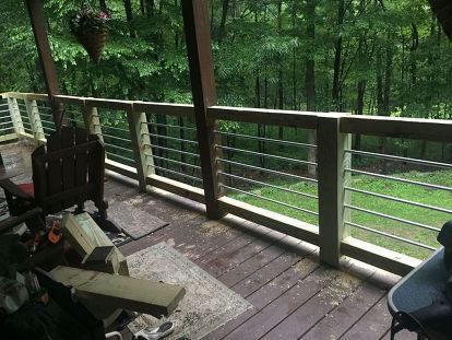 Conduit Deck Railing, Conduit Railing, Deck Railing Diy, Patio Redo, Treehouse Ideas, Yard Oasis, Step Railing, Deck Makeover, Log Cabin Rustic