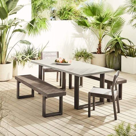 West Elm Concrete Outdoor Dining Table, 2 Portside Benches & 2 Portside Textilene Chairs Set Outdoor Dining Table Ideas, Weatherproof Outdoor Furniture, Concrete Outdoor Dining Table, Concrete Outdoor Table, Modern Outdoor Dining, Wood Dining Bench, Outdoor Dining Tables, Concrete Dining Table, Solid Wood Chairs