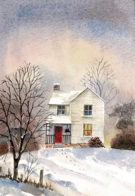 Snow Cottage, Watercolour Winter, House In Snow, Landscape House, Church Pictures, Winter Evening, Snow Art, Cottage Art, Winter Painting