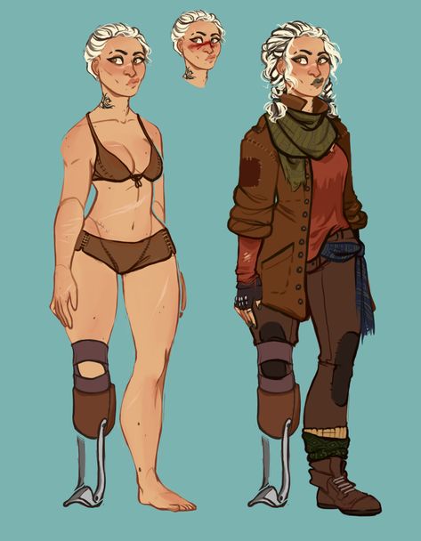 Dnd Characters With Prosthetics, Disabled Character Design Dnd, Disable Character Design, Dnd Amputee Character, Amputee Character Art, Leg Amputee Character Design, Prosthetic Leg Character Design, Disabled Oc Art, Amputee Drawing