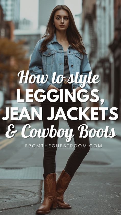 a woman wears jean jacket, leggings and cowboy boots, western outfits What To Wear With Red Cowboy Boots, Outfits With Cowboy Boots And Jeans, Cowboy Boots With Leggings, Leggings And Cowboy Boots Outfits, Boots And Leggings Outfits, How To Wear Cowboy Boots Women, Cowgirl Boots And Jeans, Cowboy Boots And Jeans Outfit, Cowboy Boots And Leggings