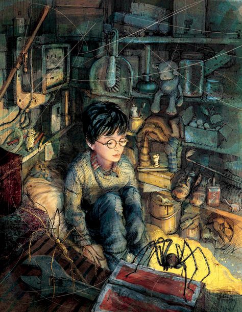 Harry Potter sits lonely in his room below the stairs. illustrations courtesy/bloomsbury Nicholas Flamel, Fanart Harry Potter, Albus Severus Potter, Art Harry Potter, Harry Potter Illustrations, Under Stairs Cupboard, Harry Potter Illustration, Theme Harry Potter, Images Harry Potter