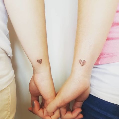 Sister Heart Tattoos, Matching Sister Tattoo, Thumbprint Tattoo, Fingerprint Heart Tattoos, Fingerprint Tattoos, Small Wave Tattoo, Small Sister Tattoos, Alphabet Tattoo, Fingerprint Heart