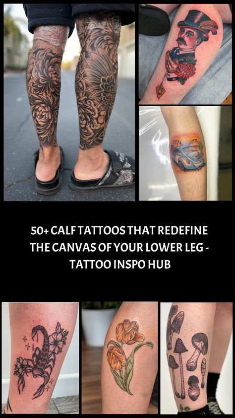 The calf is a popular place for both men and women to get tattooed. The calf muscle provides a nice flat canvas to work with and allows for tattoo designs Leg Tattoos Women Lower Calf, Women Calves Tattoo, Septum Tattoo, Sock Tattoo, Barcode Tattoo, Lower Leg Tattoos, Underboob Tattoo, Bear Tattoos, Leg Tattoos Women