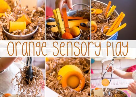 With a variety of orange loose parts and some paper grass I created my super simple orange loose parts sensory bin for some easy and great fine motor fun! Orange Sensory Bin, Sensory Games, Rainbow Rice, Diy Rainbow, Invitation To Play, Letter Of The Week, Kinetic Sand, Loose Parts, Sensory Bin