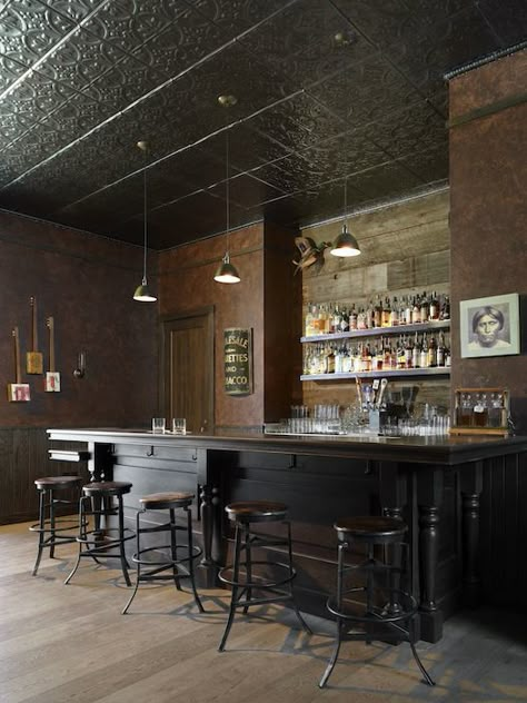 Biker Bar, Speak Easy, Wine Tasting Room, Mid Century Bar, Industrial Bar, Bar Interior, Tin Ceiling, Black Bar, Basement Bar