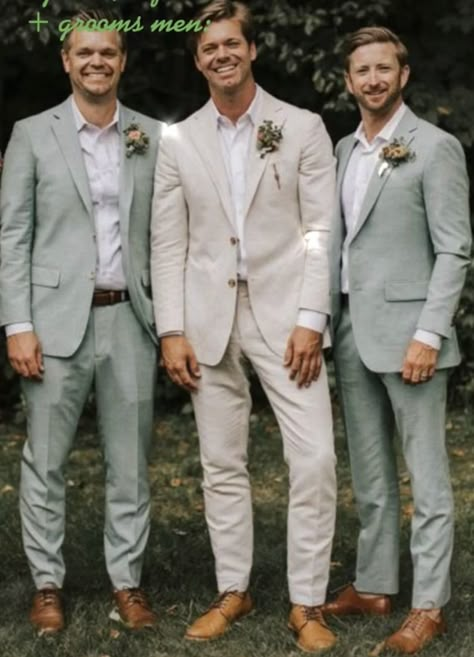 Wedding Color Schemes Bride And Groom, Men Tux Wedding Groom Outfit, Tan Groom With Grey Groomsmen, Beige Suit Sage Tie, Beach Wedding Groom Attire Linen Groomsmen Outfits, Mens Wedding Suit Colors, Garden Wedding Suit Grooms, Ivory Groomsmen Attire, Garden Wedding Suits Men