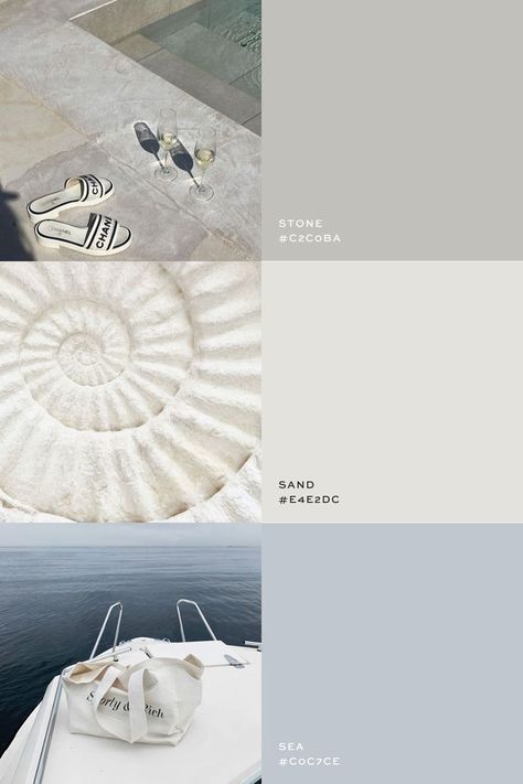 Timeless moodboard with a rich mix of beige, cream, brown, and green for earthy, minimal branding projects. Coastal Brand Color Palette, Neutral Blue Palette, White Complimentary Colors, Calm Colour Palette, Blue Neutral Color Palette, Blue Beige Aesthetic, Blue And Cream Color Palette, Cool Neutral Color Palette, Neutral Moodboard