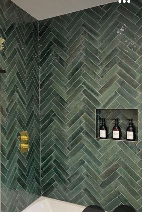 Green Marble Tiles Bathroom, Emerald Green Shower Tile Bathroom, Sage Green Herringbone Tile Bathroom, Green Herringbone Tile Bathroom, Herringbone Tile Bathroom, Small Shower Room, Green Tile Bathroom, Marble Tile Bathroom, Loft Bathroom