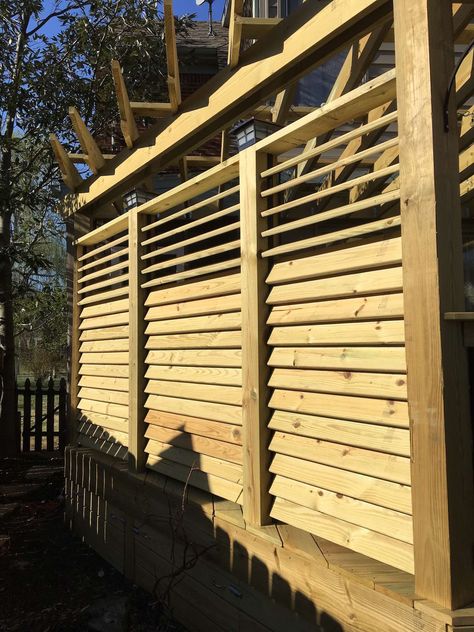 Louvered Deck Railings with Partial Privacy by Matthew from Kentucky Deck Pergola, Redwood Decking, White Pergola, Wood Fences, Deck Privacy, Court Yard, Pergola Attached To House, Hanging Door, Privacy Walls