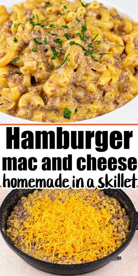 Try this homemade cheeseburger macaroni for a quick and easy dinner recipe! If you like hamburger helper, you're going to LOVE this cheap stovetop casserole!  It's packed with elbow macaroni noodles, extra cheese, beef broth, and ground beef, making this recipe a cheap and satisfying meal. Add this meaty pasta to your meal-planning menu!  It's made from scratch in one skillet, kid-friendly, and totally tasty!  Your family will love this cheesy comfort food. Recipes With Elbow Noodles, Hamburger Mac, Hamburger Hotdish, Elbow Macaroni Recipes, Hamburger Mac And Cheese, Beef Mac And Cheese, Homemade Cheeseburgers, Ground Beef And Potatoes, Easy Hamburger