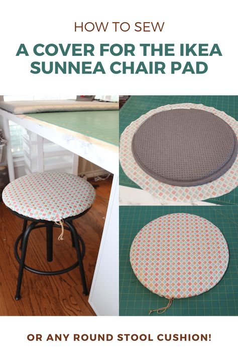 Here's how to sew a cover for the IKEA Sunnea chair pad.  This tutorial will also show the steps necessary for sewing a cover for any round stool cushion.  IKEA hacks for the win! #ikeahack #sewing #crafts #cushioncover #beginnersewing Diy Stool Cushion, How To Sew A Chair Cushion, How To Sew A Seat Cushion Cover, Stool Cushion Diy Round, Bar Stool Cushions Chair Pads, Diy Chair Cushions, Diy Ironing Board, Bar Stool Makeover, Round Chair Cushions