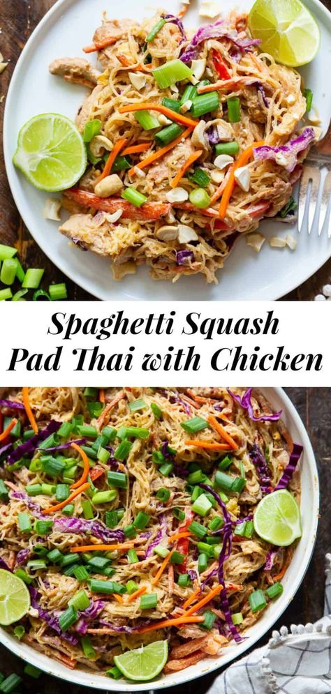 This healthier spaghetti squash pad thai is easy to make at home and packed with veggies, chicken, and a flavorful sauce.  It comes together in 30 minutes and the leftovers are perfect for lunches the next day!  Paleo, Whole30, family friendly and low carb. #paleo #whole30 #lowcarb #cleaneating Healthier Spaghetti, Spaghetti Squash Paleo, Spaghetti Squash Recipes Chicken, Spaghetti Squash Pad Thai, Spaghetti Squash Recipes Healthy, Paleo Running Momma, Paleo Recipies, Scd Diet, Chicken Pad Thai