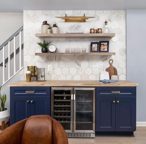 20 Small Basement Ideas That Suit Any Space Small Wet Bar Ideas Nooks, Small Wet Bar Ideas, Mini Bar Ideas Small Spaces, Gold Grout, Bar Wall Design, Basement Wet Bar Ideas, Bar Shelf Ideas, Small Wet Bar, Built In Coffee Bar