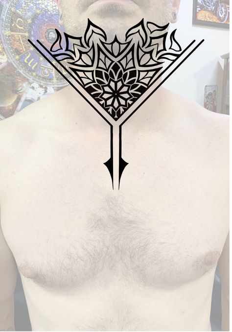 Mandala Neck Tattoo Men Design, Geometric Throat Tattoo Men, Geometric Neck Tattoo Design, Throat Tattoo Men Ideas, Mandala Neck Tattoo Men, Mandala Throat Tattoo, Throat Tattoo For Guys, Geometric Chest Tattoo, Geometric Neck Tattoo