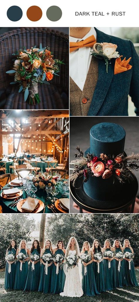 Rust Fall Wedding, Teal Wedding Ideas, Dark Teal Wedding, Teal Fall Wedding, Dark Teal Weddings, Cake Colors, Teal And Rust, Teal Blue Weddings, Fall Wedding Color Ideas