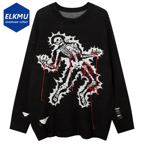 Men Punk Skulls Sweater Ripped Tassel Goth Black Oversized Knitted Sweater Y2K Pullover Harajuku Streetwear Hip Hop Sweater 2023 - AliExpress Harajuku Sweater, Y2k Mens, Grunge Clothing, Distressed Sweater, Human Skeleton, Distressed Sweaters, Y2k Sweater, Style Hip Hop, Embroidered Sweater