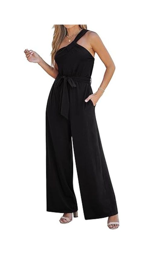 New Style // Create an effortless classy style wearing this black one shoulder wide leg comfy jumpsuit. Baggy Jumpsuit, Jumpsuit Overalls, Comfy Jumpsuits, One Shoulder Jumpsuit, Long Romper, Pocket Belt, Dressy Casual, Wide Leg Jumpsuit, Fashion Classy