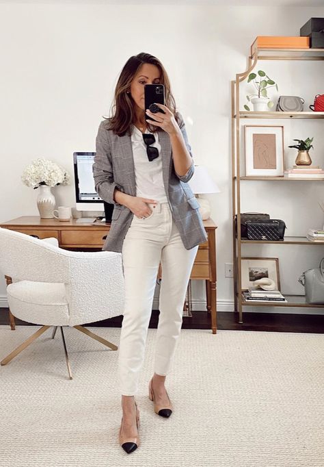 Spring outfit inspiration and new off-white jeans ~ Lilly Style White Jeans And Blouse Outfit, Off White Jeans Outfit Spring, Friday Jeans Outfit Work Summer, Ivory Denim Jeans Outfit, Off White Jeans Outfit Summer, White Jeans Outfit For Work, White Jeans For Work, Ecru Jeans Outfits Summer, White Jeans Outfit Spring 2023