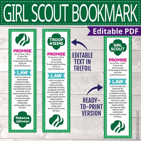 This printable bookmark features the Girl Scout Promise and Law. | MadiLovesKiwi.com | printable girl scout promise and law bookmark for girl scout troop, editable Girl Scouts bookmark, printable girl scout gift idea #girlscout #girlscouts #girlscoutleader Girl Scout Promise And Law Printable, Brownie Gift, Girl Scout Promise, Girl Scout Gifts, Girl Scout Law, Girl Scout Troop Leader, Bookmark Printable, Meeting Activities, Scout Mom