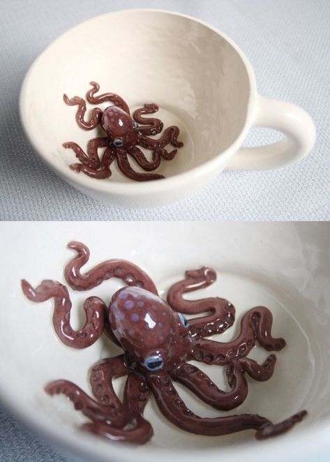 Octopus Ceramic Mugs, Clay Mug Ideas Aesthetic, Animal Pottery Ideas, Glina Ideas, Clay Kitchenware, Animal Pottery, Cat Pottery, Clay Mug, Sculpture Art Clay