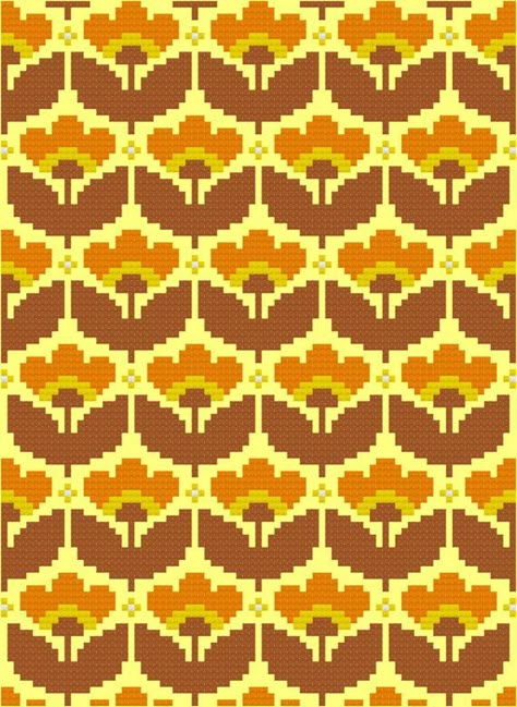 Cross Stitch Pattern, ‘Mellow Yellow’ PDF. Inspired by the floral designs found on vintage fabric and wallpaper of the 1960s and 70s, this Colorwork Chart, Colorwork Knitting, Cross Stitch Collection, Fabric Hearts, Tapestry Crochet Patterns, Quilt Festival, Pola Kristik, Cross Stitch Borders, Pixel Pattern