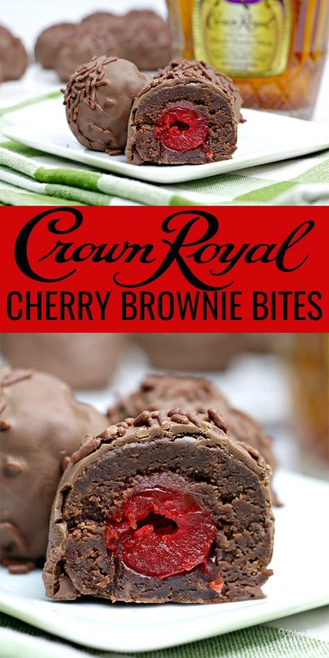 Chocolate Brownie Cherry Bombs have a hidden surprise inside: a Crown Royal Whisky soaked cherry. It's a yummy adult treat is perfect for Valentine's Day. | Crown Royal Recipes | Brownie Recipes #brownies #food #recipe #yummy #boozy #crownroyal #valentine #valentinesday Boozy Valentines Desserts, Crown Royal Cupcakes Recipe, Boozy Balls, Booze Balls, Crown Royal Recipes, Boozy Recipes, Milk Chocolate Brownies, Cherry Brownies, Royal Recipe