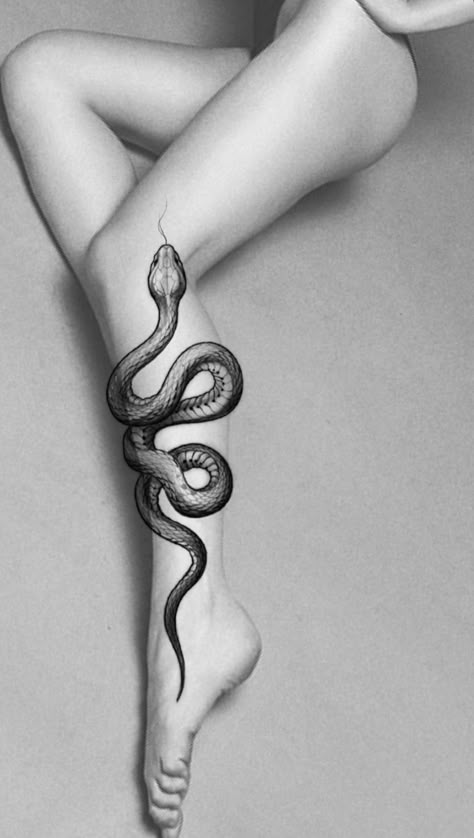 Snake Tattoo Leg, Snake Leg Tattoo, Black Snake Tattoo, Black Flowers Tattoo, Feminine Skull Tattoos, Lower Leg Tattoos, Cobra Tattoo, Traditional Tattoo Flowers, Medieval Tattoo