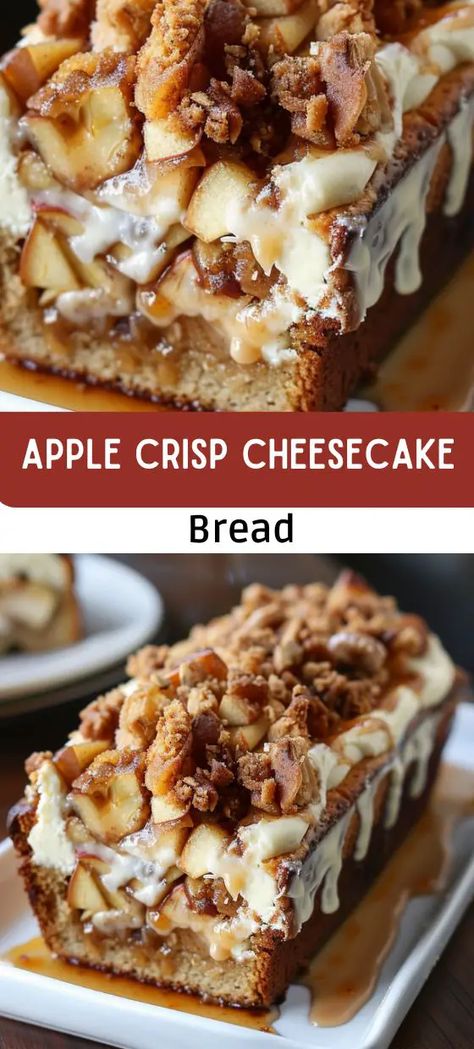 Apple Crisp Cheesecake Bread Cream Cheese Apple Bread, Apple Cheesecake Bread, Apple Crisp Cheesecake Recipe, Cheesecake Bread, Dessert Loaf, Apple Crisp Cheesecake, Apple Cream Cheese, Cream Cheese Bread, Sweet Glaze