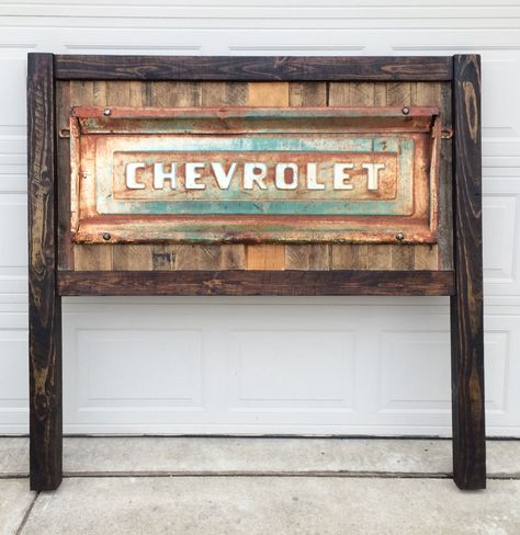 Custom built, reclaimed wood and vintage tailgate headboard. -  Nolan Woodwork    www.nolanwoodwork.com Car Headboard, Old Truck Doors Repurposed, Tailgate Headboard, Vintage Tailgate, Chevy Tailgate Headboard, Bed Made From Old Truck, Truck Tailgate Headboard, Vintage Car Bedroom, Wood Truck Bedding