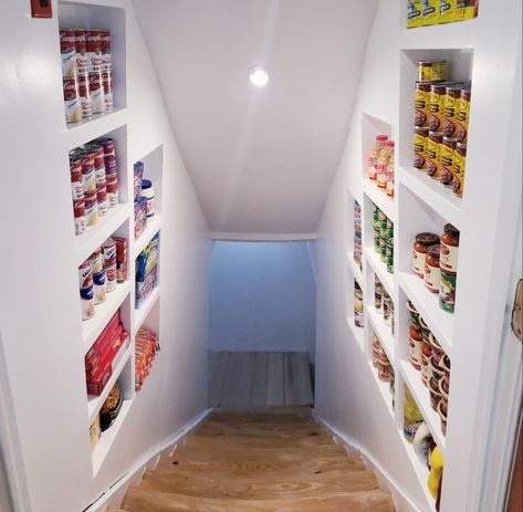 Basement Stairs Pantry Ideas, Basement Stairway Storage Shelves, Basement Stair Wall Storage Ideas, Closet Above Basement Stairs Storage Spaces, Shelving In Stairwell, Basement Stair Pantry, Cellar Stairs Ideas Basements, Stairway Pantry Storage Ideas, Stairwell Pantry Ideas