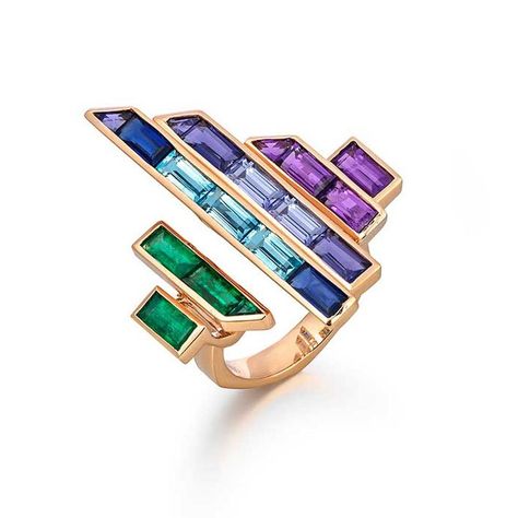 Tomasz Donocik Electric Night Disc ring in rose gold with coloured gemstones Graphic Jewelry, Disc Ring, Coloured Gemstones, Jewelry Design Drawing, Rainbow Rings, Deco Jewelry, Emerald Gemstone, Blade Runner, Emerald Ring