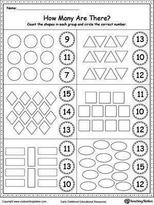 **FREE** Count the Shapes in Each Group Worksheet. Practice counting and identifying numbers 9, 10, 11, 12, 13, and 14 with this printable worksheet. #MyTeachingStation Identifying Numbers, Counting Worksheets, Preschool Math Worksheets, Prek Math, Free Preschool Worksheets, Math Counting, Numbers Preschool, Kindergarten Math Worksheets, Math Activities Preschool