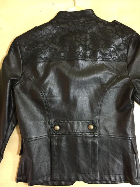 Jacket repair - peeling pleather camouflaged with lace Faux Leather Jacket Repair Diy, Repair Leather Jacket, Leather Jacket Repair, Diy Leather Jacket, Shirt Transformation, Shirt Makeover, Pleather Jacket, Diy Jacket, Repair Clothes