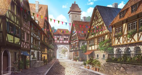 Street Doodle, Town Entrance, Doodle Space, Artist Background, European Town, Seeds Of Love, Episode Interactive Backgrounds, Fantasy Town, Perspective Drawing Architecture