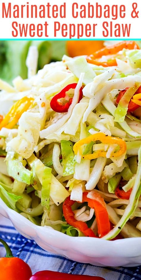 Cabbage And Pepper Slaw, Cabbage Red Pepper Slaw, Bell Pepper Slaw, Sweet Pepper Slaw Recipes, Sweet Pepper Coleslaw Recipe, Sweet Pepper Coleslaw, Marinated Coleslaw Recipe, Mild Pepper Recipes, Marinated Slaw Recipe