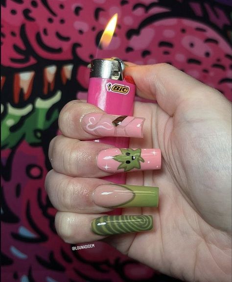 Baddie Halloween Nails Acrylic, 4 20 Nails, G59 Nails, Hood Nails, Lsd Nails, Juicy Nails, Swaggy Nails, Painted Acrylic Nails, Punk Nails