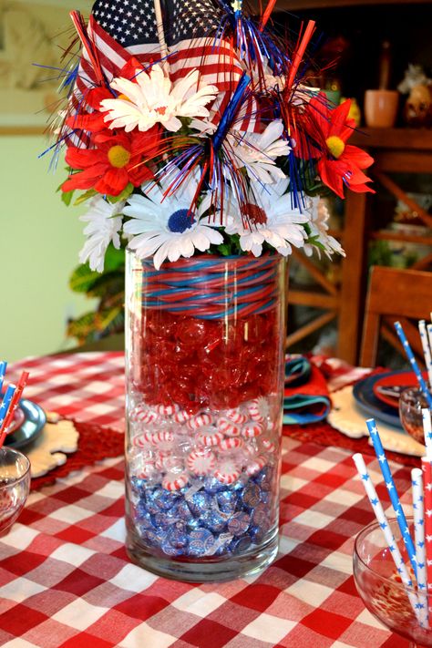 Patriotic Centerpieces Table Decorations, Fourth Of July Centerpieces, Patriotic Centerpieces Diy, Patriotic Decorations Centerpieces, 4th Of July Table Centerpieces, 4th Of July Music, Patriotic Table Decorations, Candy Centerpiece, Red White Blue Decorations