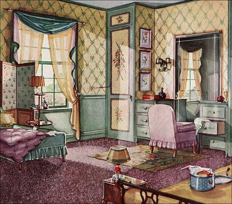 1930 Bedroom - Armstrong Linoleum by American Vintage Home, via Flickr 1930 Bedroom, Vintage Dressing Rooms, 1920s Home Decor, 1920s Interior, 1920s Decor, Old House Interior, 1920s House, Vintage House Plans, Living Vintage