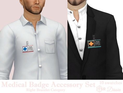 The Sims Resource - Medical Badge Male Accessory Set (Left and Right) Sims 4 Medical Cc, Sims 4 Doctor Cc, Vet Scrubs, Surgeon Scrubs, Doctor Coat, Doctor Scrubs, Steampunk Skirt, Sims Clothes, Doctor Outfit