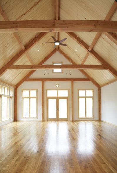 Photography Studio Interior Post And Beam Barn Homes, Yankee Barn Homes, Post And Beam Barn, Cabin Porch, Barn Apartment, Post And Beam Home, Barn Living, Timber Beams, Stone Garden