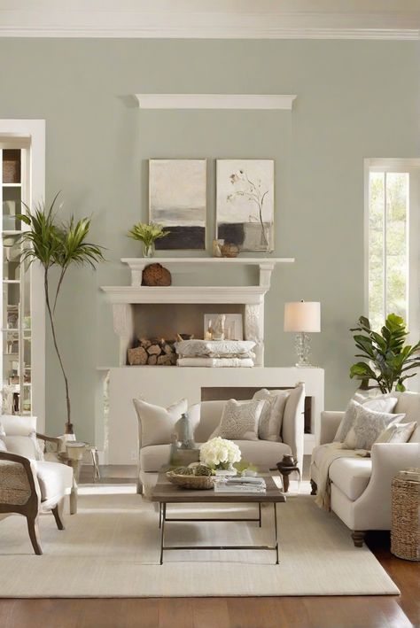 Welcome to a daily routine with BM Balboa Mist Living Room Bliss. Discover the best paint choice for 2024 and elevate your interior design game! #Ad #homedecor #homedesign #wallpaints2024 #Painthome #interiorarchitecture Wall Colors Green Living Room Colors Bright Living Room Colors Apartment Renovation Living room Remodeling Modern Paint Colors 2024 2 Color Living Room Walls, Living Room Light Green Walls, Pale Green Living Room Walls, Light Green Paint Colors Living Room, Light Living Room Paint Colors, Balboa Mist Living Room, Light Green Living Room Walls, Bm Balboa Mist, Pale Green Living Room