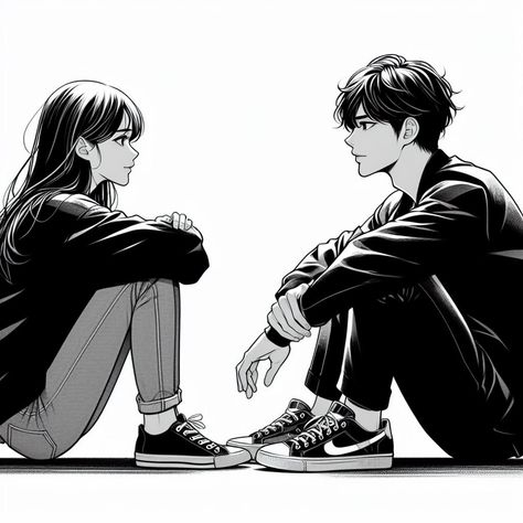 Boy And Girl Animes, Anime Black And White Couple, Anime Couple Pose, Anime Black Hair, Manga Couple, Romantic Anime Couples, Cute Couple Drawings, Cute Couple Art, Anime Love Couple