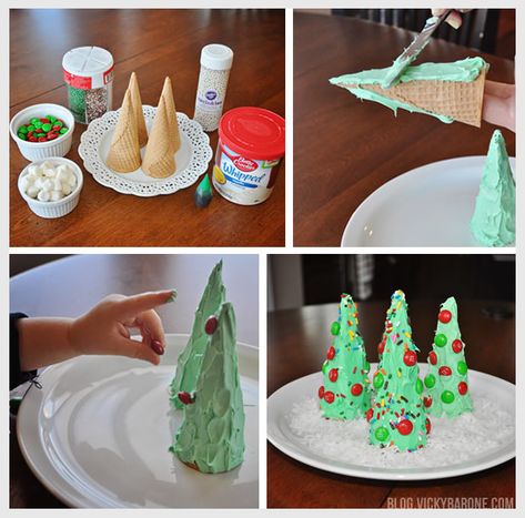 Ice Cream Cone Christmas Trees - Vicky Barone Decorating Ice Cream Cones For Christmas, Sugar Cone Trees, Sugar Cone Christmas Tree For Kids, Ice Cream Cone Christmas Trees For Kids, Sugar Cone Christmas Tree, Cone Christmas Trees Diy, Icing Christmas Tree, Christmas Tree Ice Cream, Christmas Cone Trees