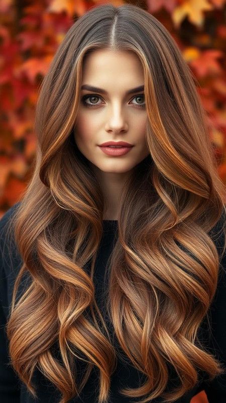 7 Must-Try Fall Brunette Hair Colors Hair Color For Fall Brunette, Brown Fall Hair Color, Fall Brunette Hair Color, Chocolate Caramel Hair, Golden Copper Hair Color, Fall Brunette Hair, Popular Hair Colors, Fall Brunette, Chestnut Highlights