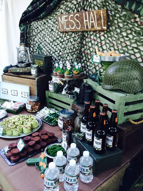 Army Birthday Party Ideas | Photo 22 of 26 | Catch My Party Army Themed Party Food, Camouflage Theme Party, Army Navy Game Party, Camo Birthday Party Decorations, Army Food Party Ideas, Army Party Snacks, Mess Hall Party Ideas, Army Tank Birthday Party Ideas, Army Birthday Party Food Ideas