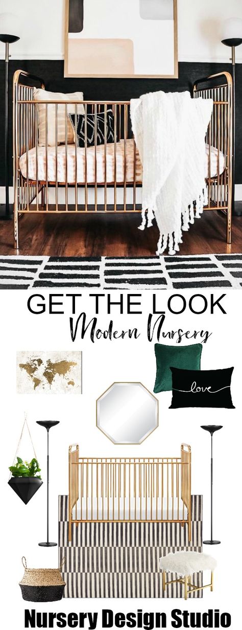 GET THE LOOK: BLACK & GOLD NURSERY | # greennursery Black And Gold Nursery, Shared Nursery Ideas, Boys Nursery Ideas, Nursery Design Board, Gender Neutral Nursery Art, Nursery Ideas Neutral, Shared Nursery, Nursery Decorating Ideas, Small Nursery Ideas