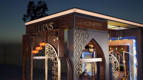 Islamic Booth Design, Islamic Restaurant Interior, Islamic Interior Design Restaurant, Arabic Resturant Design, Lantern Pathway, Islamic Lantern, Moroccan Houses, Stall Display, Arabic Decor